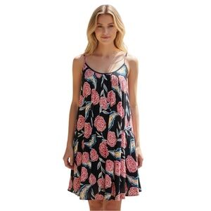 Roxy A Line Black with Floral Print Spaghetti Straps Dress size XS NWT